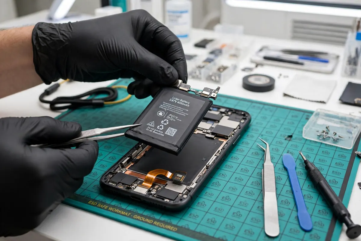 Illustrative photo: a technician replacing a smartphone battery on a repair bench