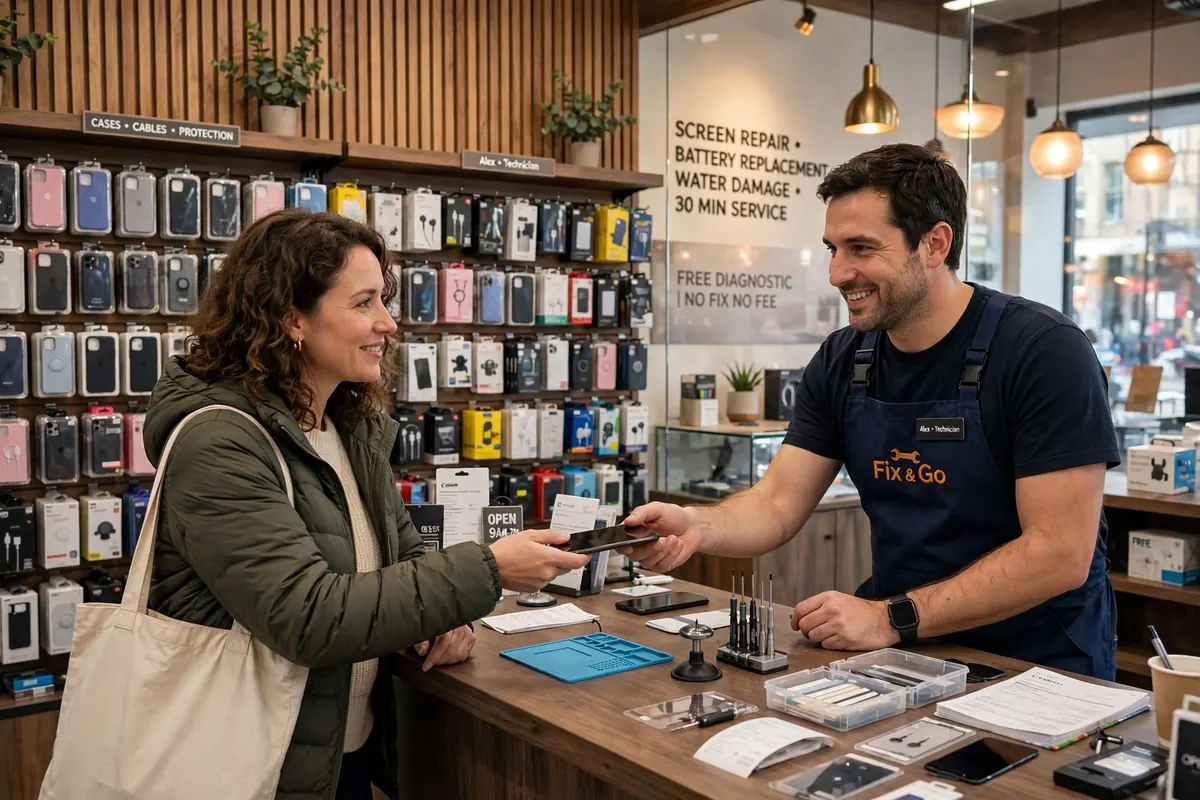 Illustrative photo: a customer handing a phone to a technician across a repair shop counter