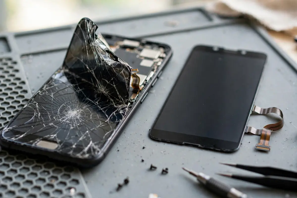 A cracked smartphone screen being replaced on a repair mat