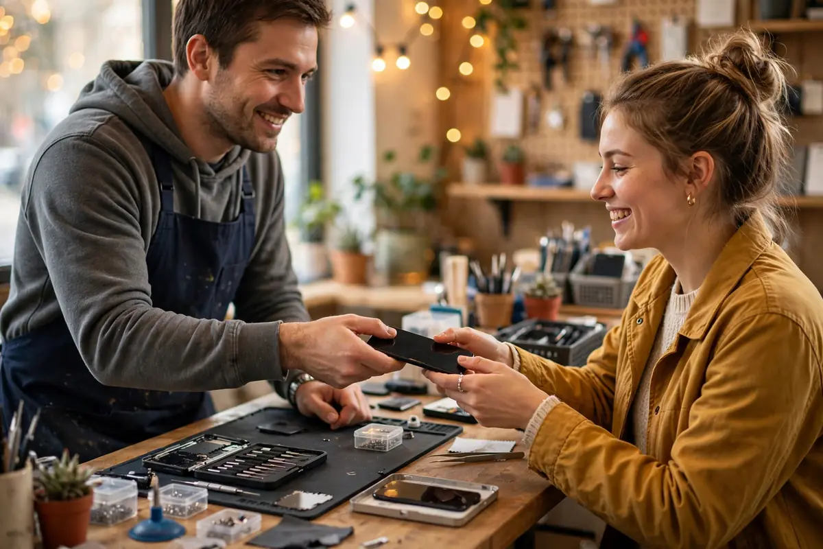Foto ilustrativa: un técnico entregando un teléfono reparado a un cliente en el mostrador