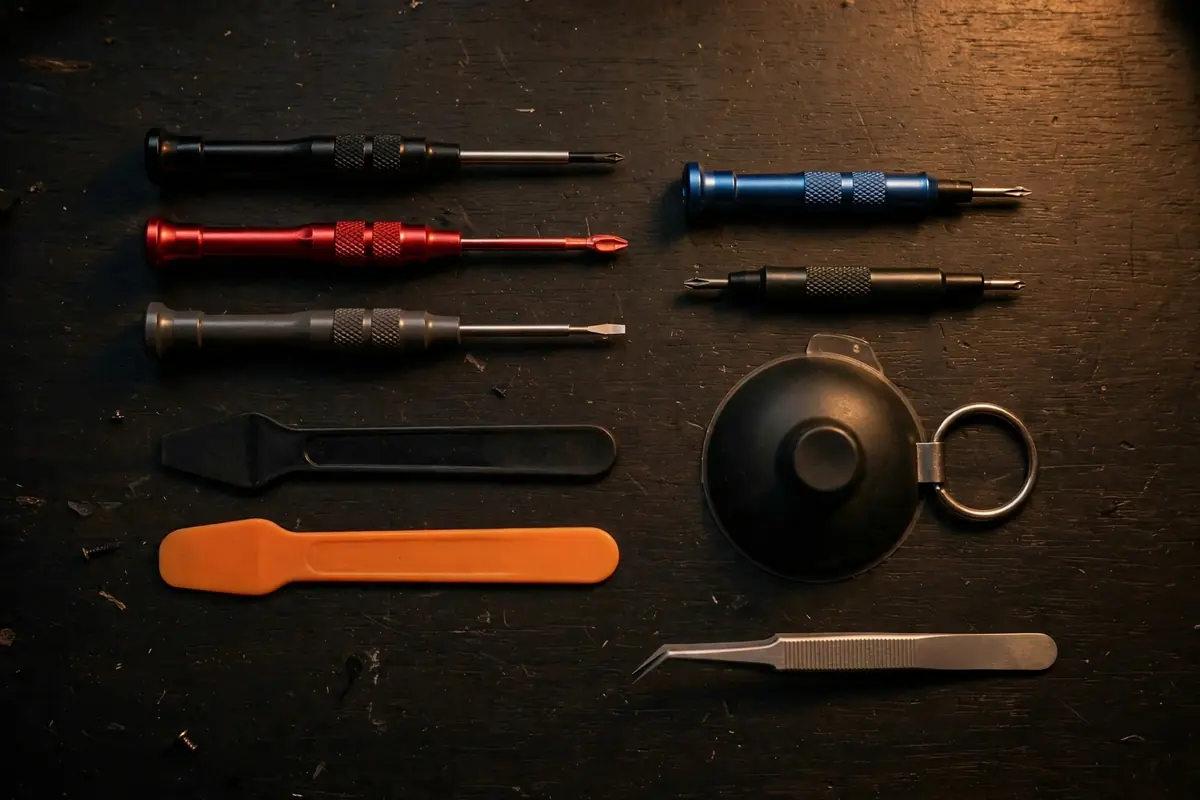 Precision phone repair tools neatly arranged on a workbench