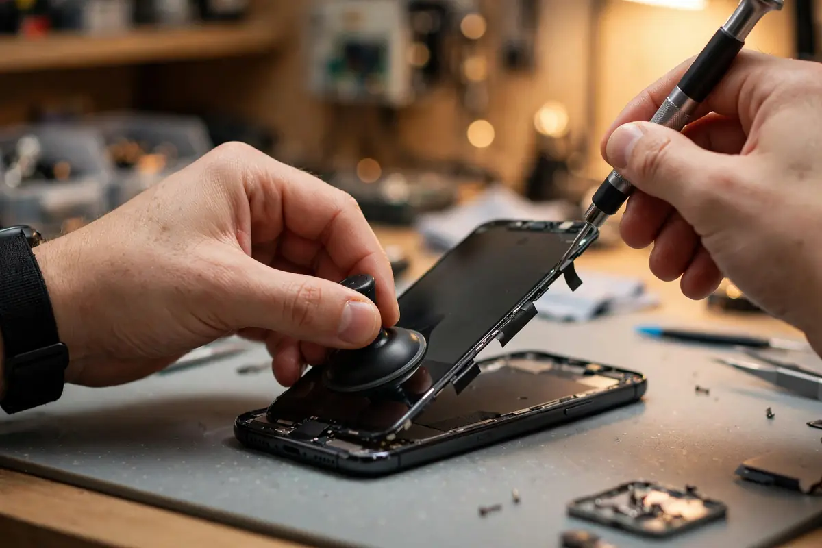 Foto ilustrativa: un técnico reparando un smartphone en la mesa de trabajo